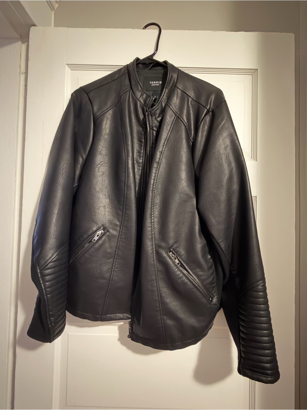 torrid Black Faux Leather Bomber Jacket with Quilted Sleeve Detail